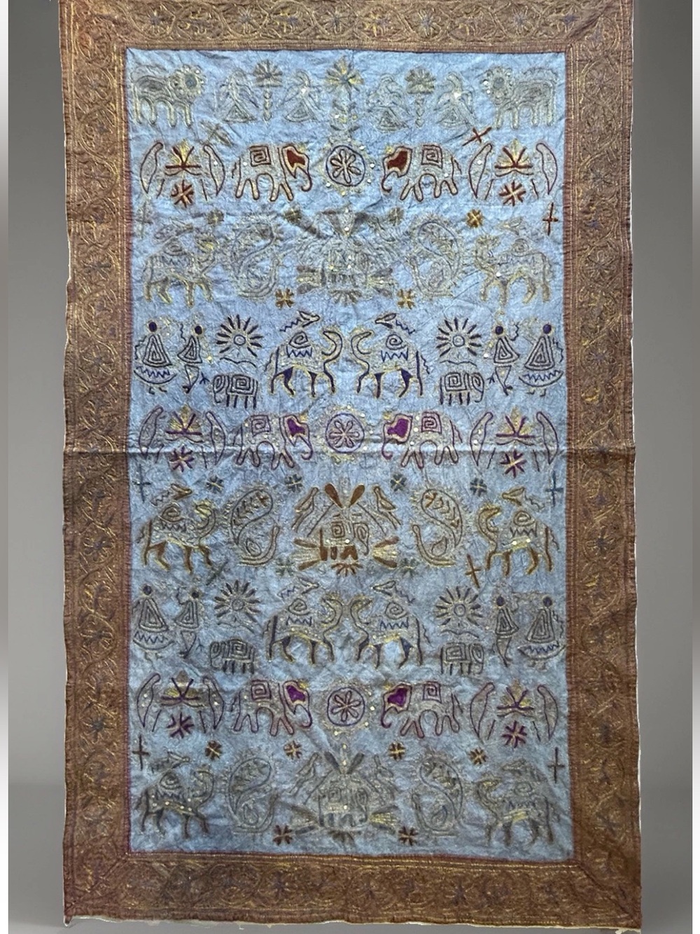 VTG 90s Hand Stitched Embroidery Elephant Tapestry Wall Hanging Blue/Brown 56x34